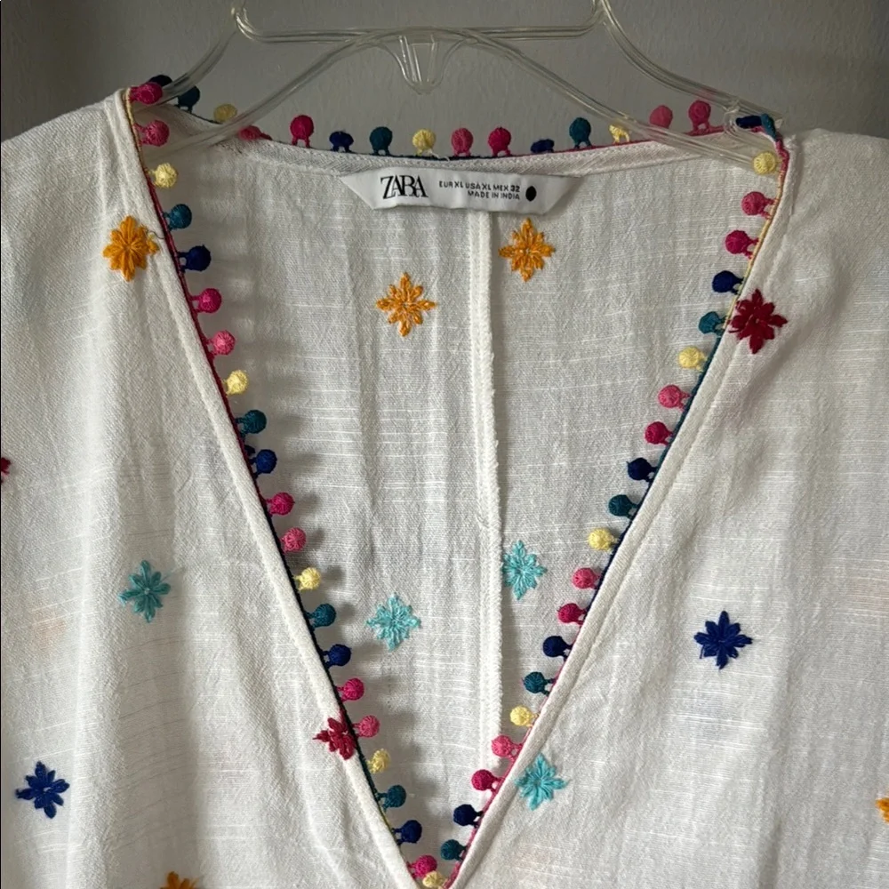 Zara Cotton Dress With Tassels/Pom Pom And Embroidery White Size XL EUC - Picture 3 of 6